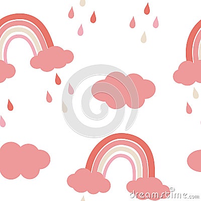 Seamless pattern colorful stylized rainbow clouds raindrops pink coral and beige pastel shades vector illustration Stock Photo